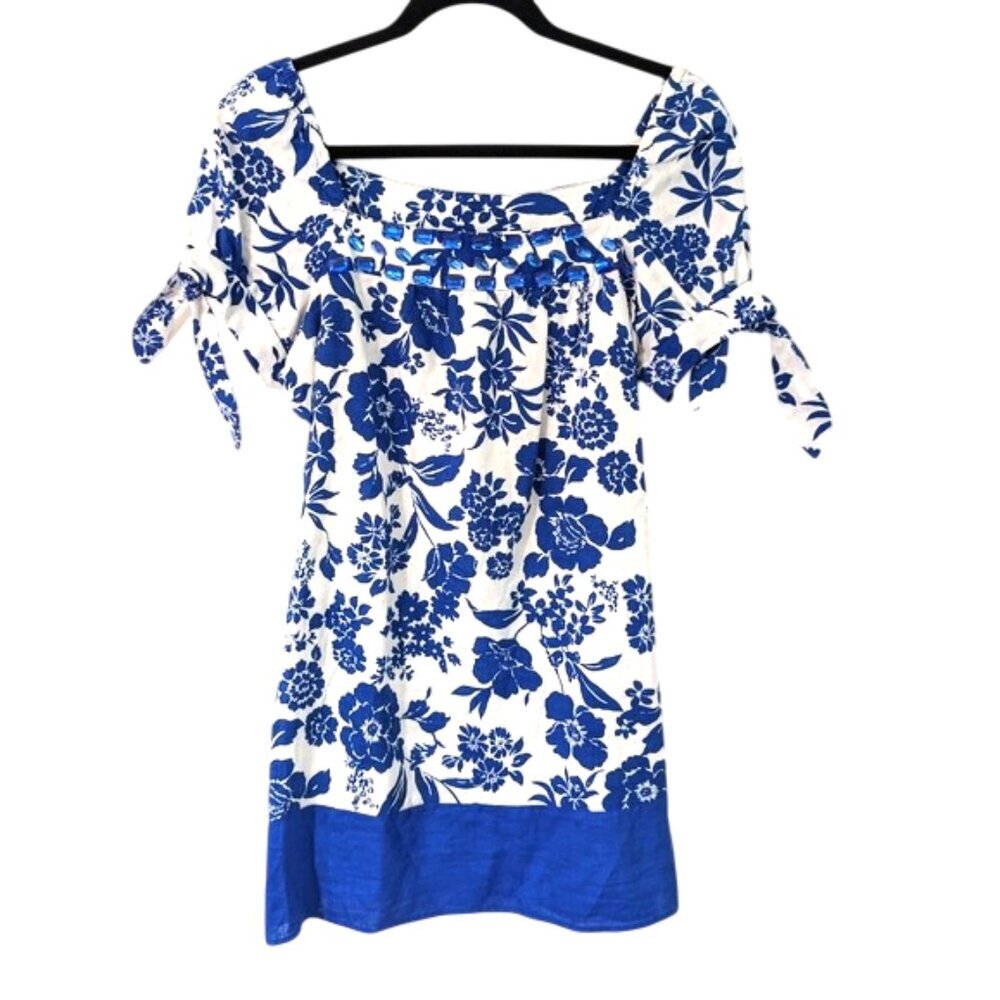 Alexandra Bartlett 100%‎ Linen Floral Blue and White Dress Size M